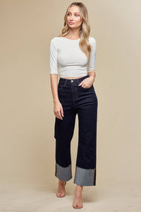 STRAIGHT LEG BOYFRIEND FIT CUFFED JEANS- DARK DENIM