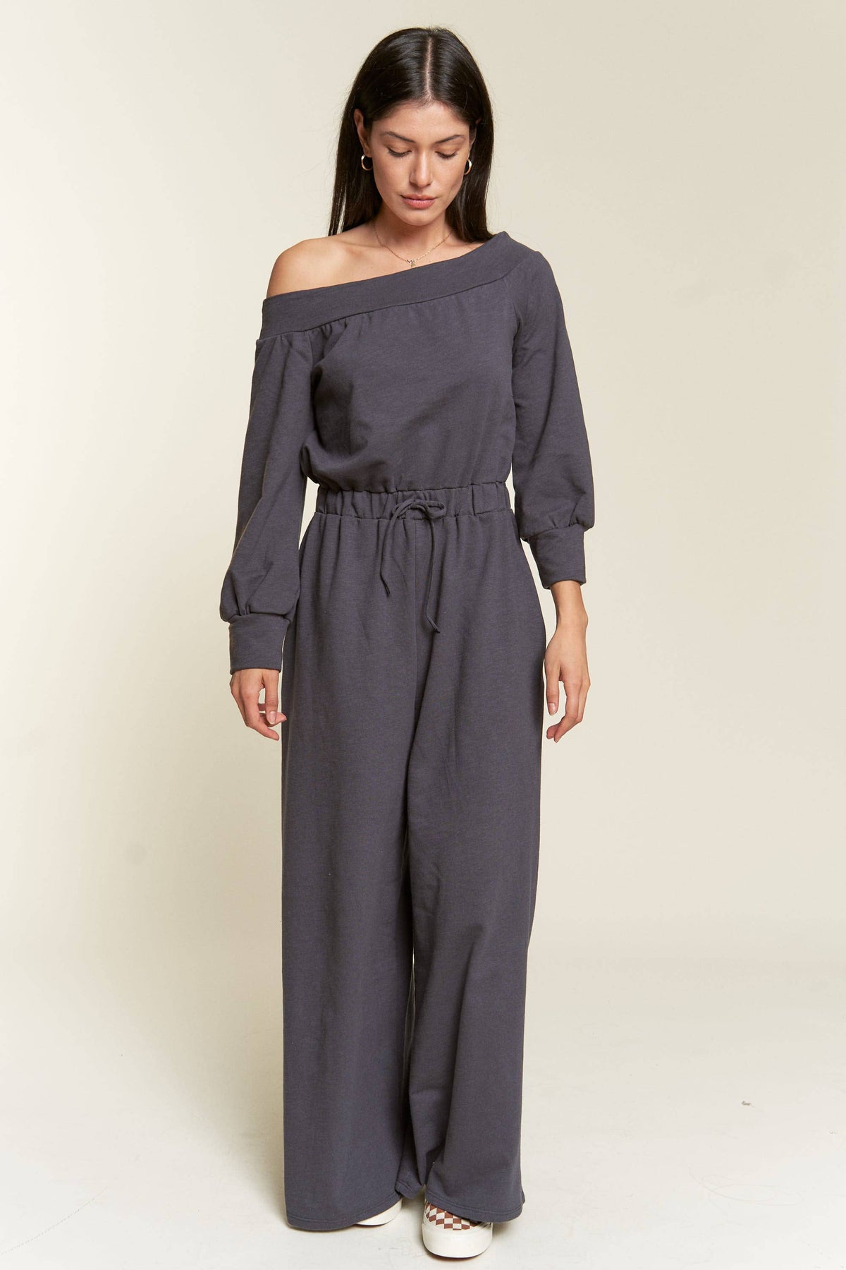 Melinda One Shoulder Terry Jumpsuit Dark Gray or Lime