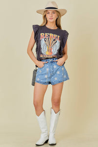 Rock n Roll Print Rhinestone Ruffle Top: CHARCOAL