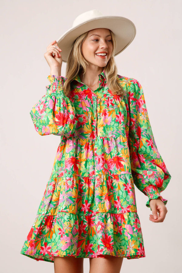 Floral Print Poplin Shirt Dress - GREEN MULTI