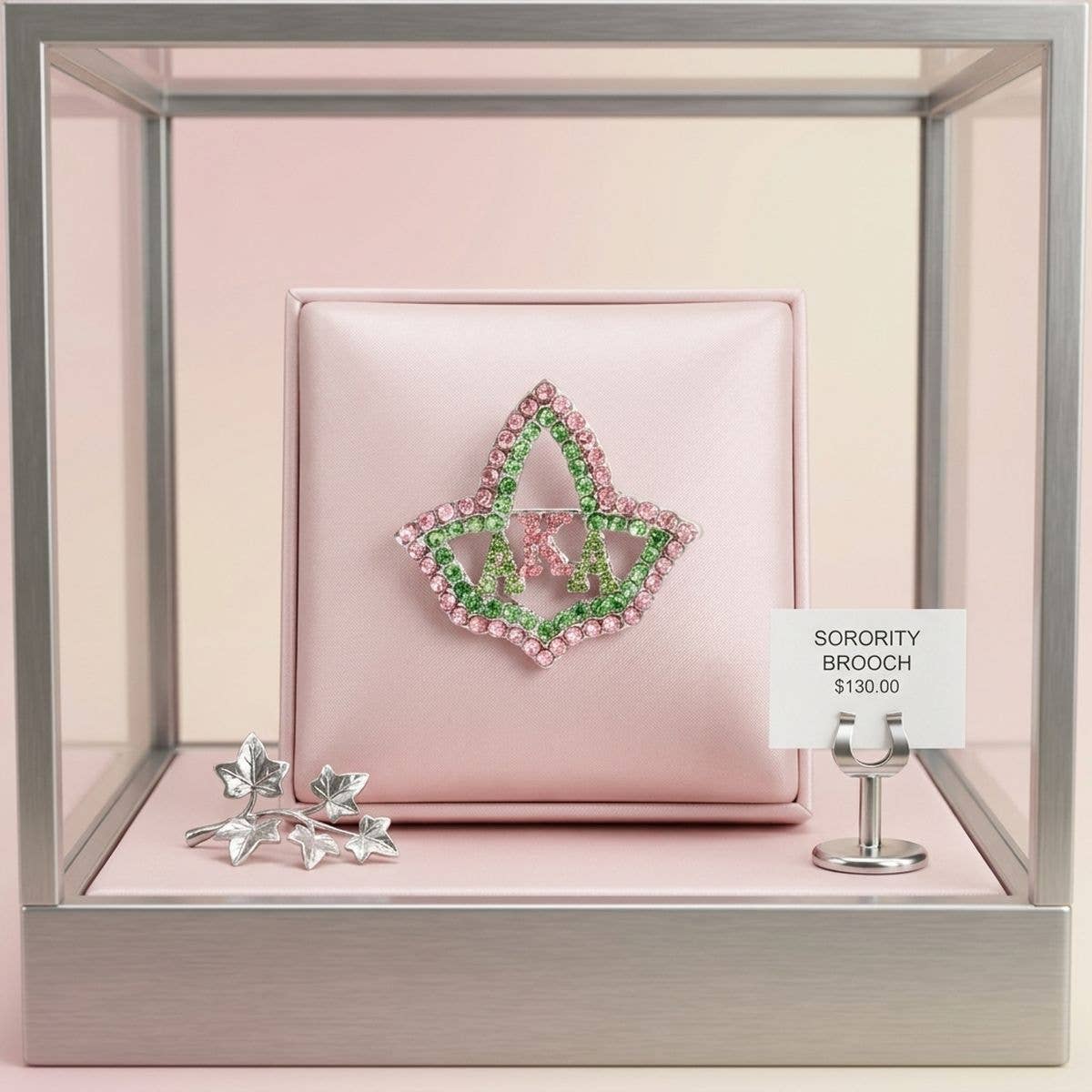 AKA Ivy Leaf Greek Rhinestone Brooch Lapel Pin: Pink and Green / Rhodium / 1.35 x 1.5 inches