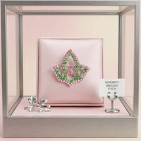 AKA Ivy Leaf Greek Rhinestone Brooch Lapel Pin: Pink and Green / Rhodium / 1.35 x 1.5 inches