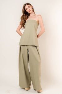 Francis Front Pleat Tailored Pant or Strapless Woven Side Slit Top -OLIVE or IVORY