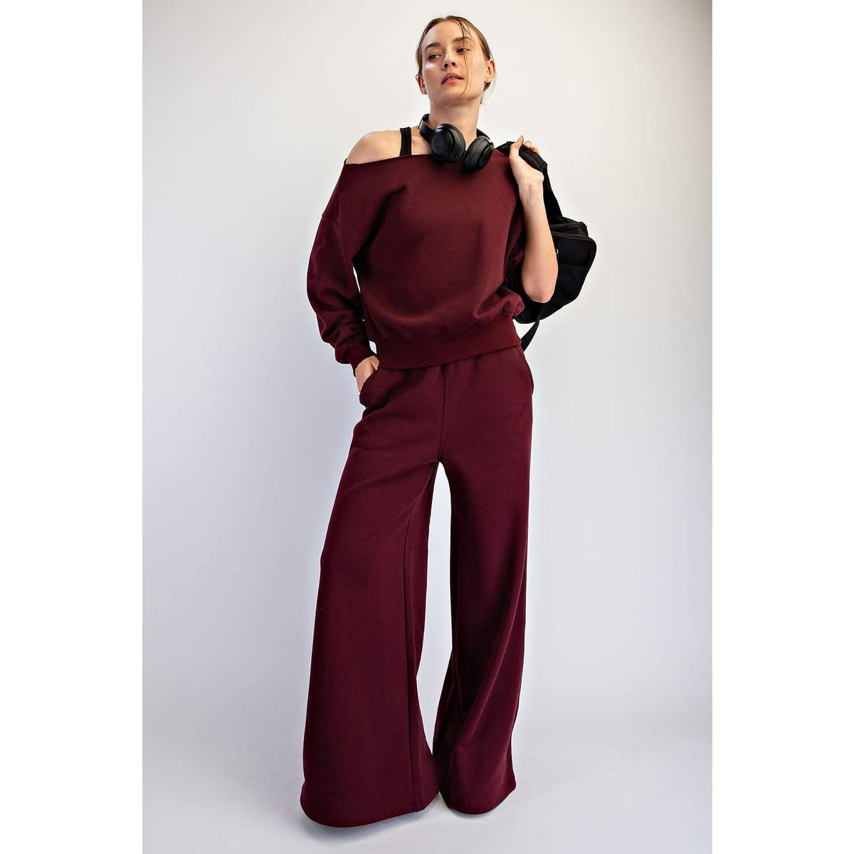 FRENCH TERRY FLEECE OFF SHOULDER TOP: True Red / S-M-L(2-2-2)