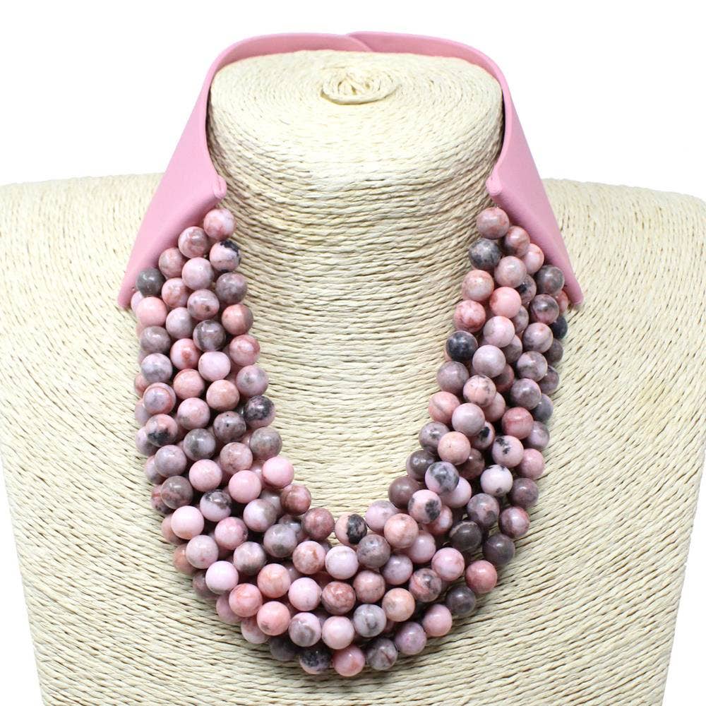 FAUX LEATHER REALSTONE LAYERED BEAD CHUNKY NECKLACE: TG