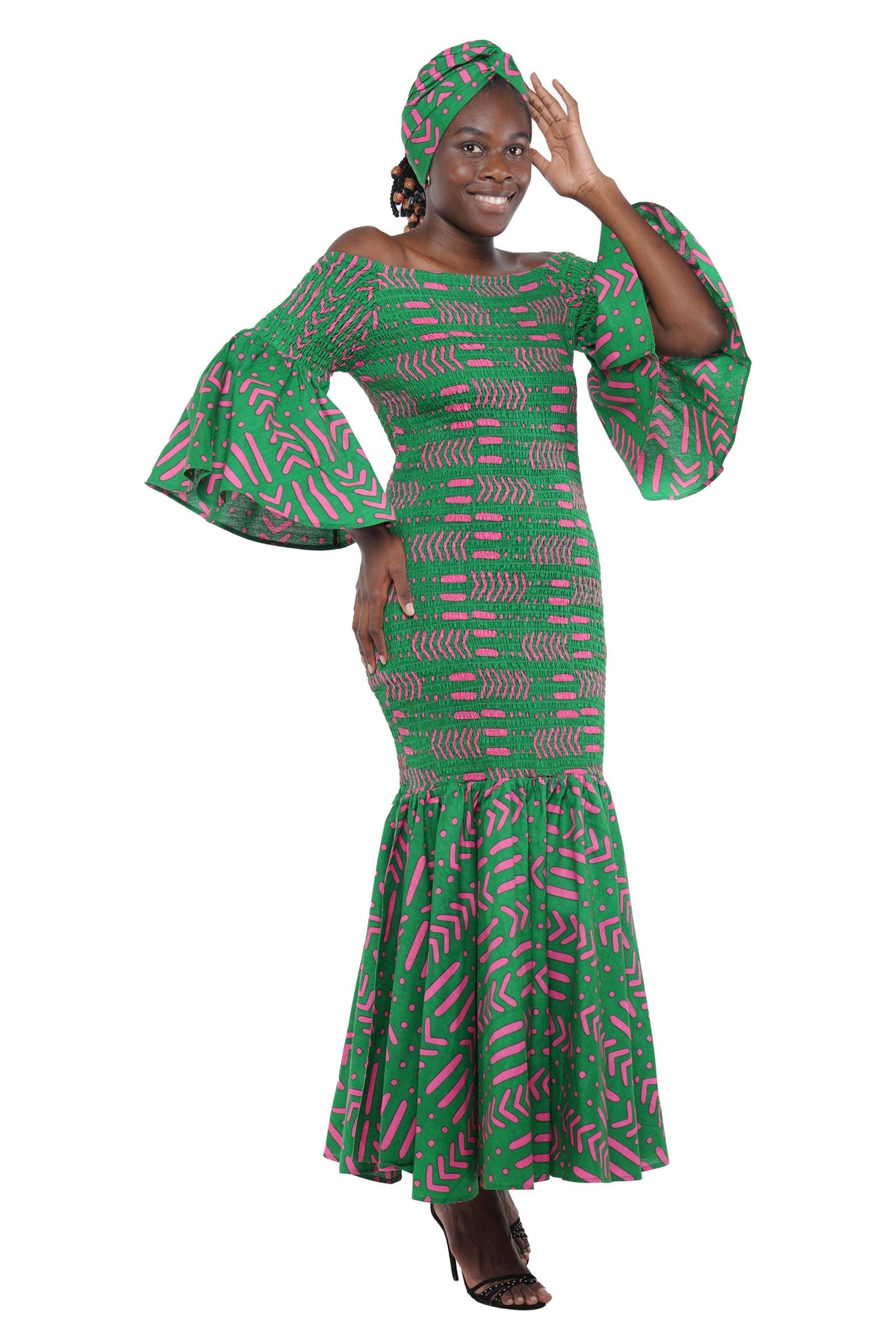 African Kente Ladies Long Smocked Mermaid/Fish Tail Dress: One Size