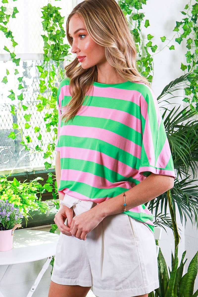 Alexandria Crew Neck Roll-Up Short-Sleeve Pink & Green Stripe Top