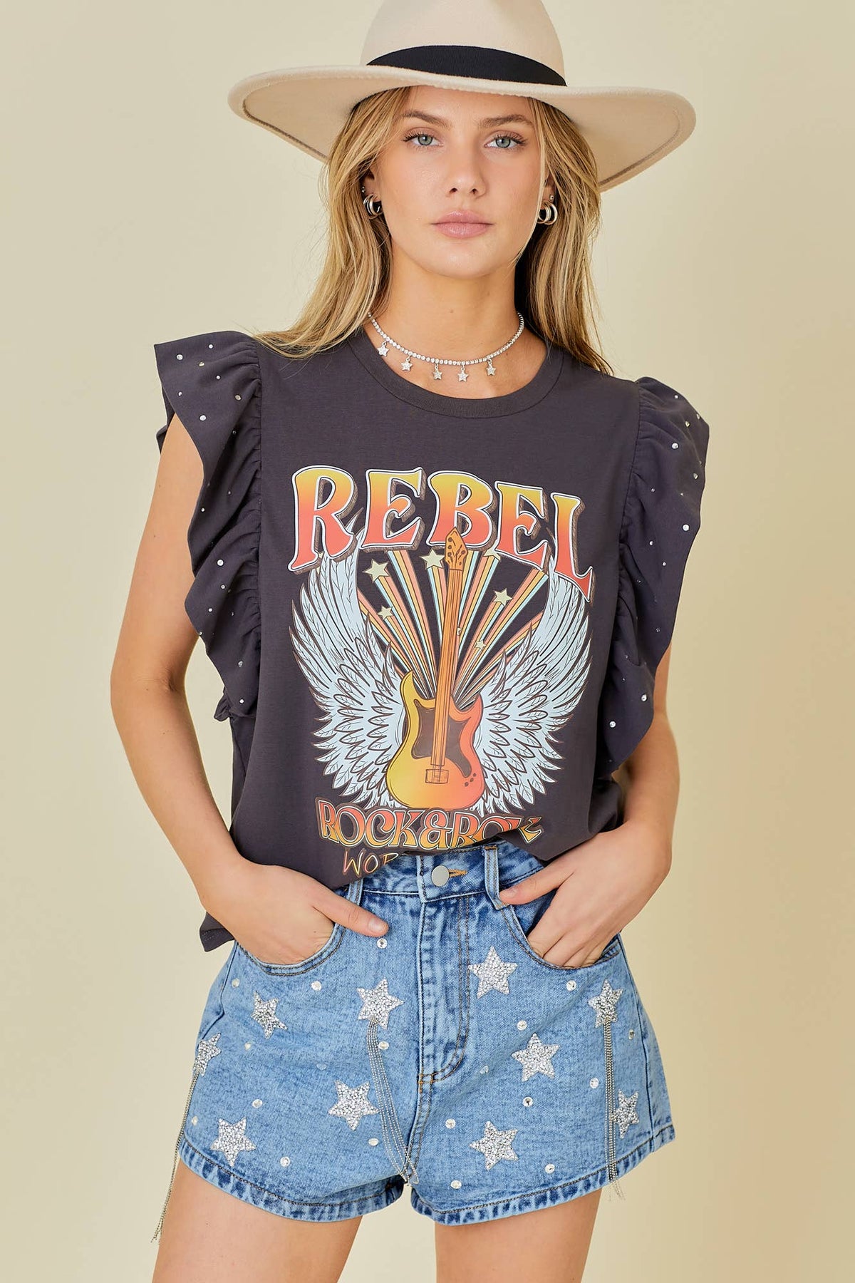 Rock n Roll Print Rhinestone Ruffle Top: CHARCOAL