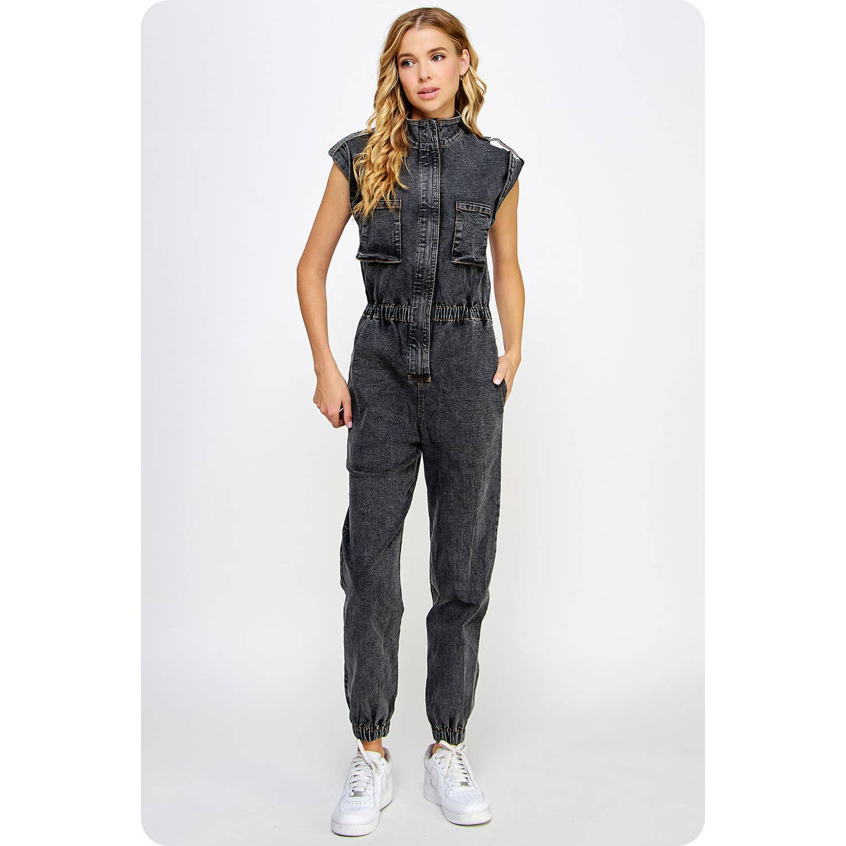 Kyra High Neck Sleeveless Denim Jumpsuit: Denim and Black Denim