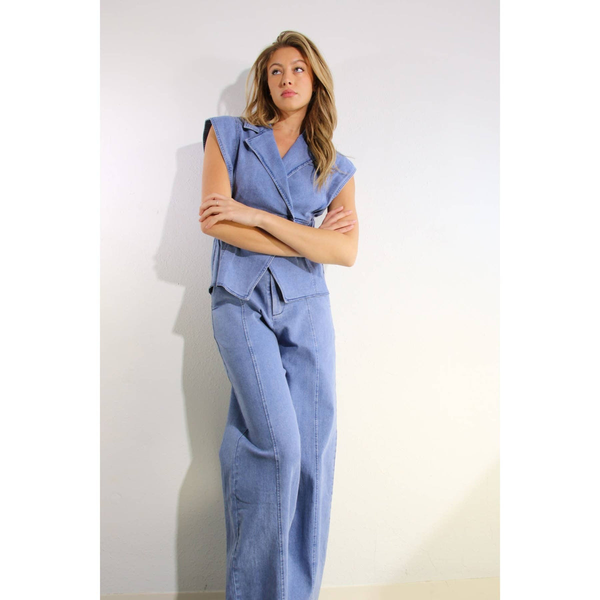 ATHENA STRETCH COLLARED TOP AND PANTS SET in DENIM