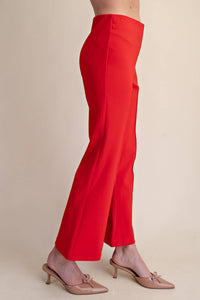 High Waist Stitch Pleats Flare Crop Stretchy Pants: Red / S