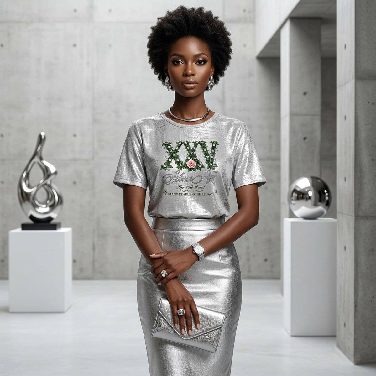 Small AKA Silver Soror 25th Pearl Metallic Tee: Silver / Multi Tone / Small
