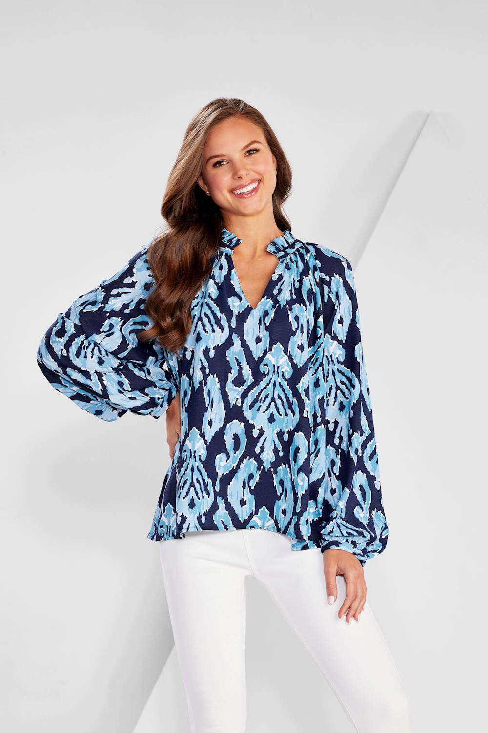 Warren Navy Ikat Block Print Top