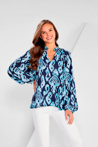 Warren Navy Ikat Block Print Top