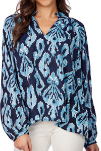 Warren Navy Ikat Block Print Top