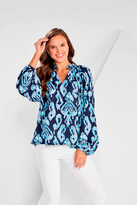 Warren Navy Ikat Block Print Top
