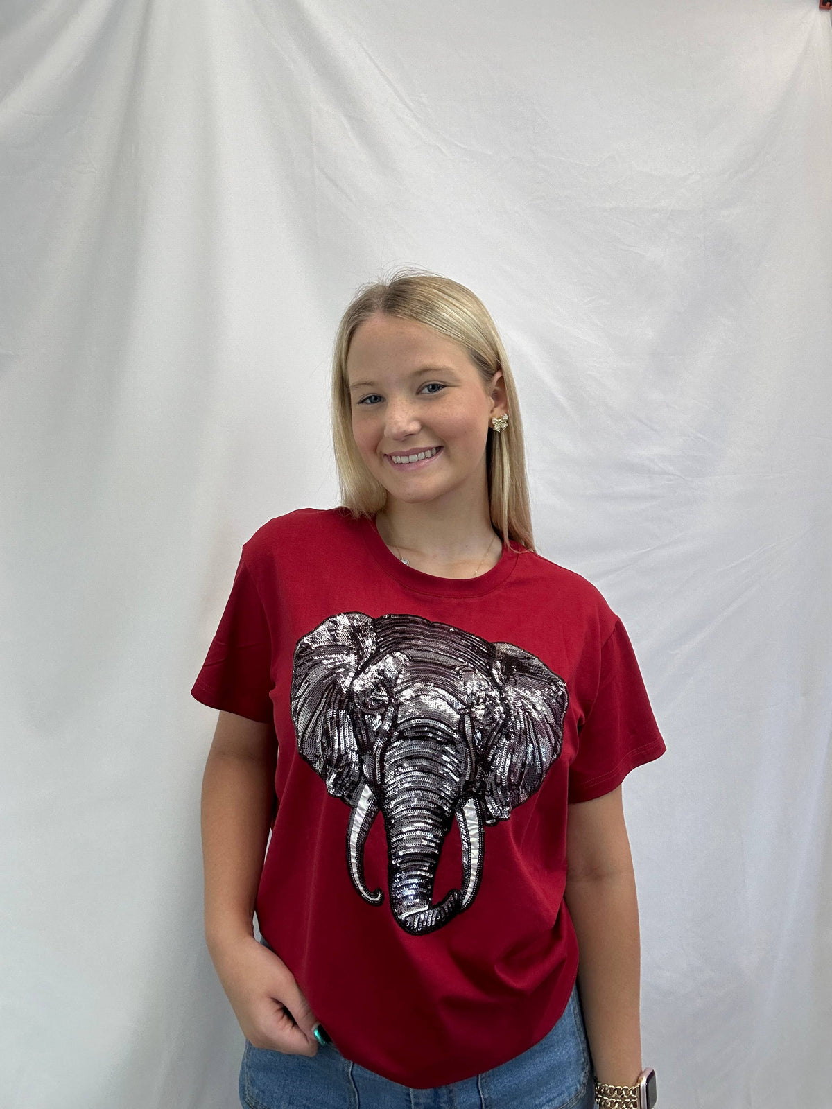 T-Town Elephant Tusks Univ of Alabama | Women's Sequin Design Tee (Crimson):