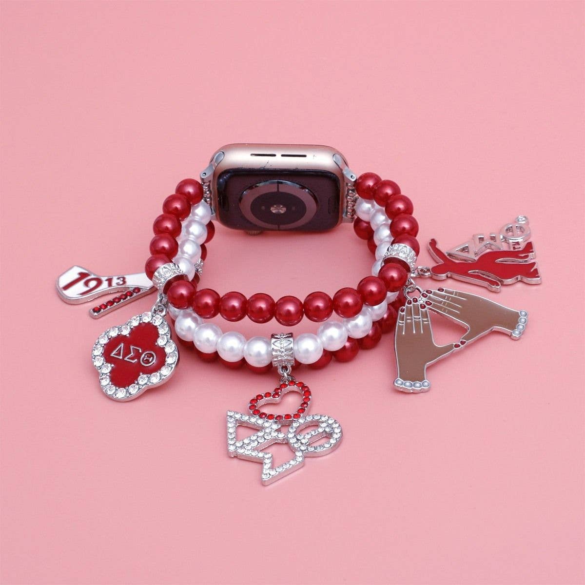 Delta Sigma Theta Red and White Pearl Charm Watch Band