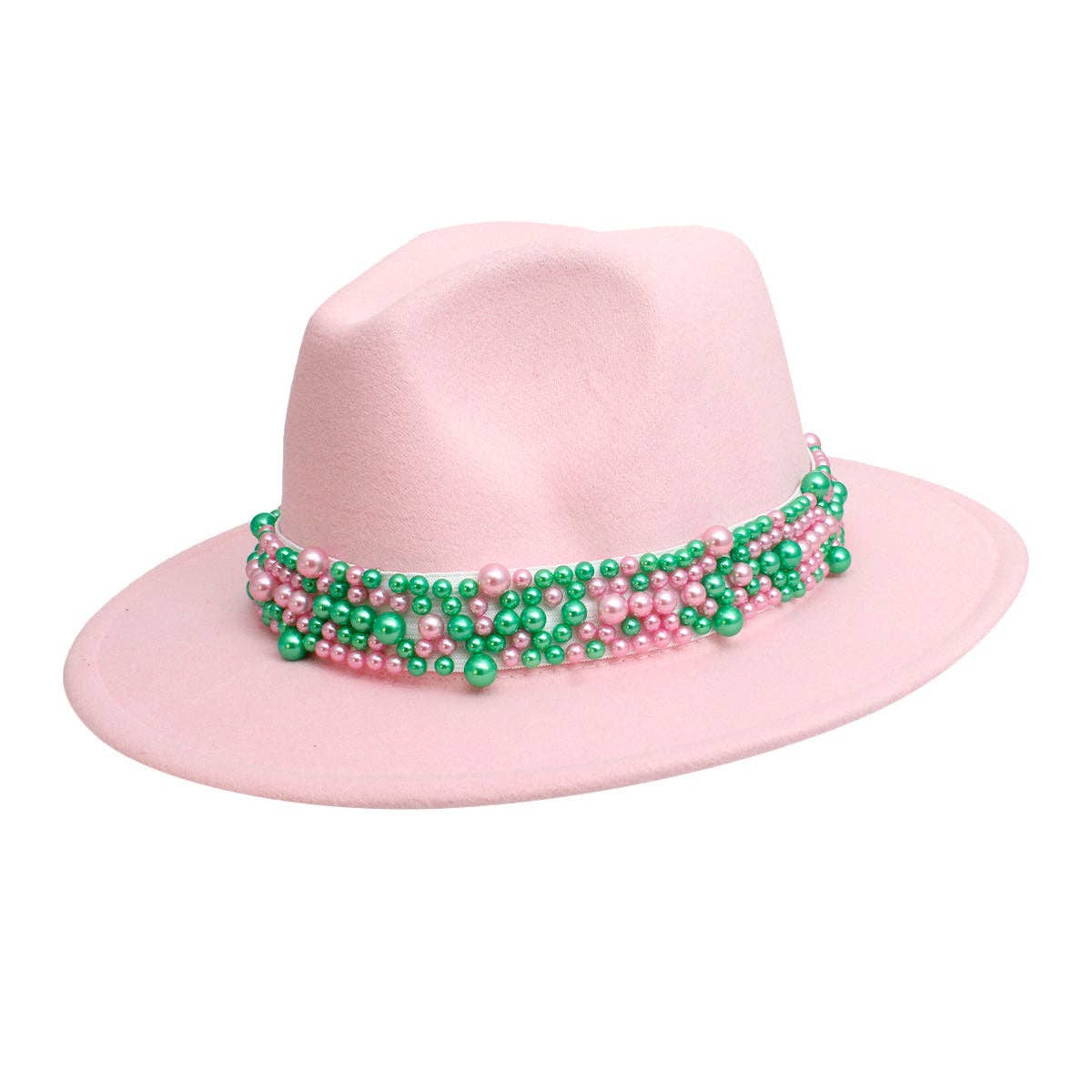 AKA Sorority Pink Fedora Pearl Band Hat for Women: Pink and Green / Multi Tone / One size