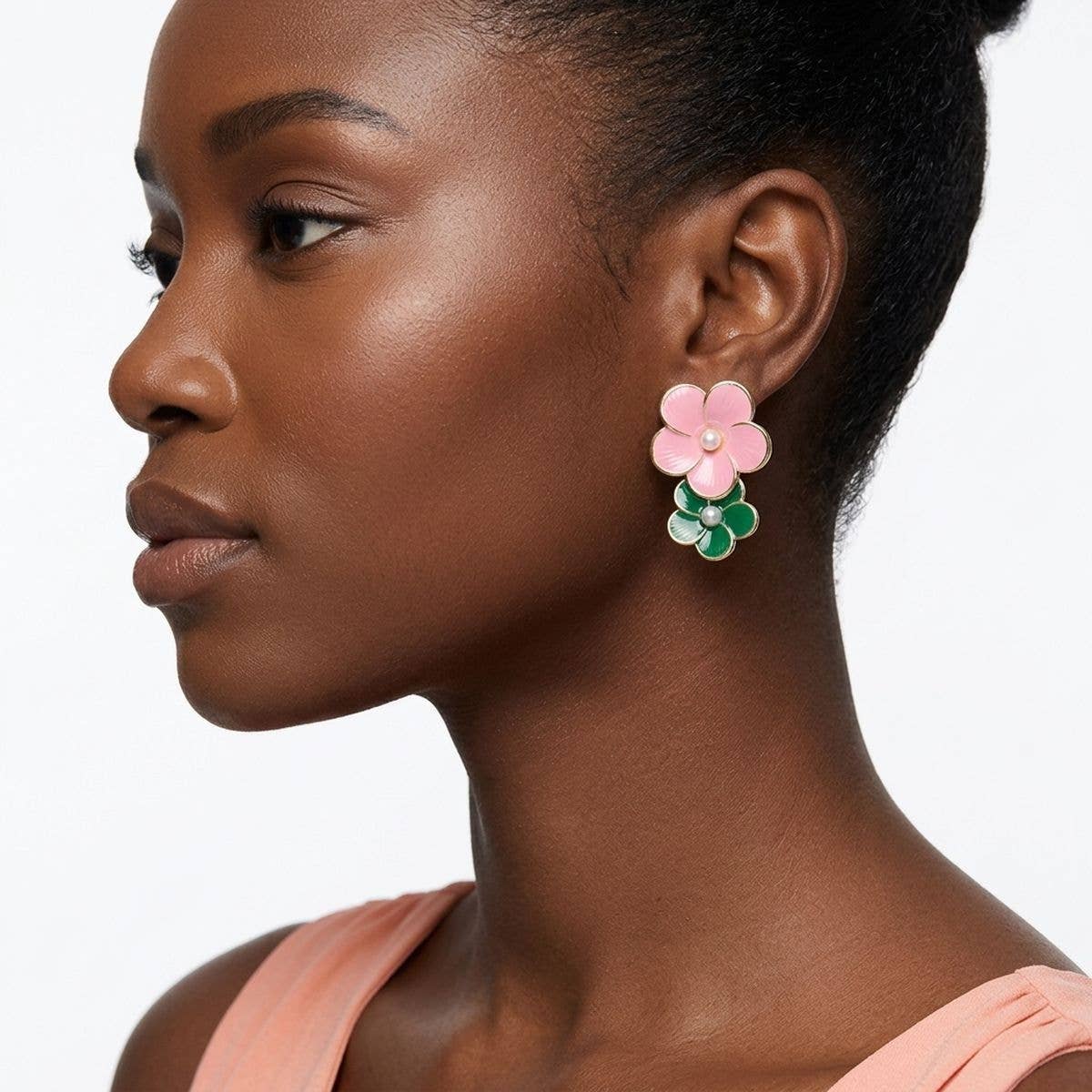 14K Gold Pink Green AKA Double Flower Earrings: Color: Pink and Green / Plating: Gold / Size: 2 x 1.35 inches