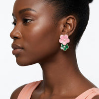 14K Gold Pink Green AKA Double Flower Earrings: Color: Pink and Green / Plating: Gold / Size: 2 x 1.35 inches