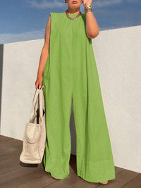Sleeveless Wide Leg Shoulder Pad Solid Color Jumpsuits: GREEN / S