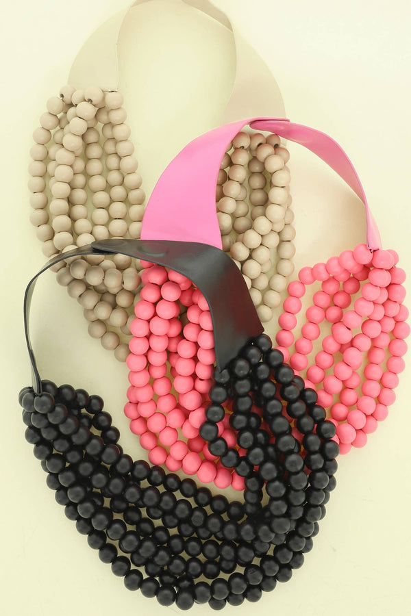 WOOD BEADED LAYERED MAGNETIC NECKLACE : Red