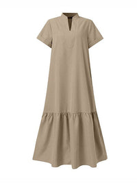 A-Line Loose Solid Color Split-Joint V-Neck Maxi Dresses: KHAKI / S