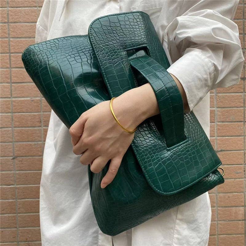 Crocodile Print Clutch With Wrist Strap: COFFEE