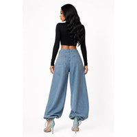Washed Denim Ankle Drawstring Balloon Jeans: LIGHT BLUE / S-M-L(2-2-2)