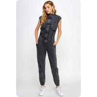 Kyra High Neck Sleeveless Denim Jumpsuit: Denim and Black Denim