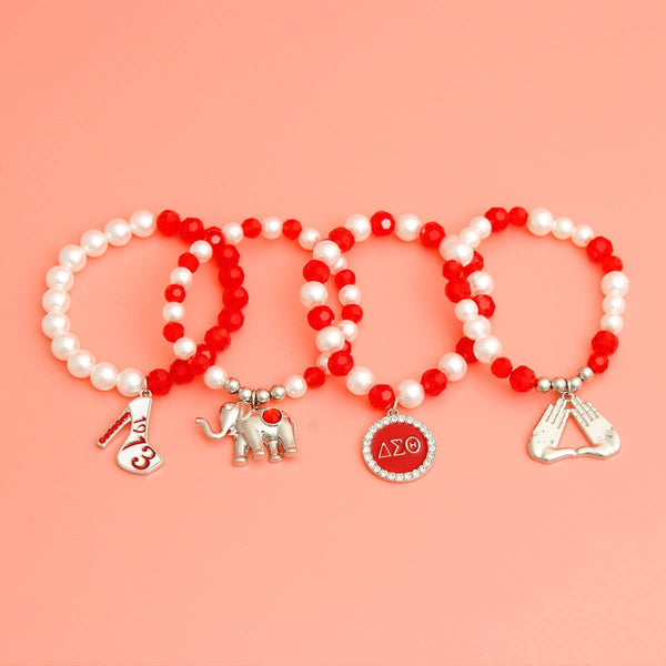 Sorority Inspired  Red White Bead Bracelets: Stretch to Fit / Red / Rhodium