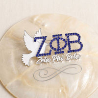 Zeta Phi Beta White Dove Rhinestone Brooch Pin: Blue and White / Rhodium / 1.65 x 2.75 inches