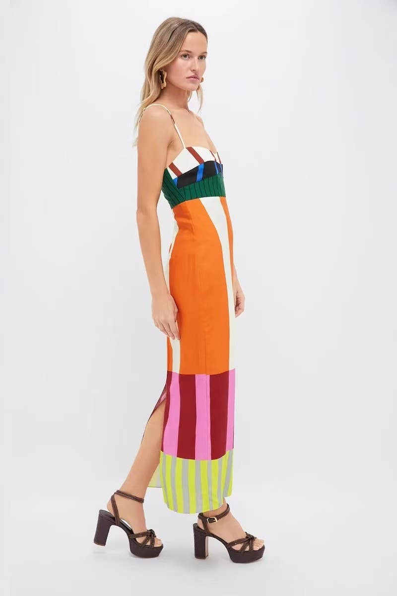 CWDMD6031_STRIPED COLORBLOCK SLIM FIT SLIT CAMI DRESS: MULTICOLOR / (S) 1