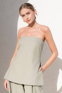 Francis Front Pleat Tailored Pant or Strapless Woven Side Slit Top -OLIVE or IVORY