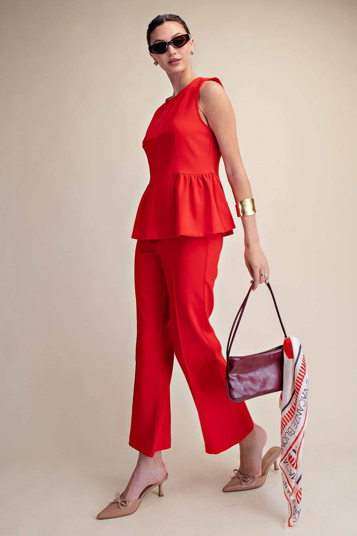 High Waist Stitch Pleats Flare Crop Stretchy Pants: Red / S