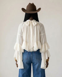 Radiant Mesh Lace Flare Blouse: Off-white / S