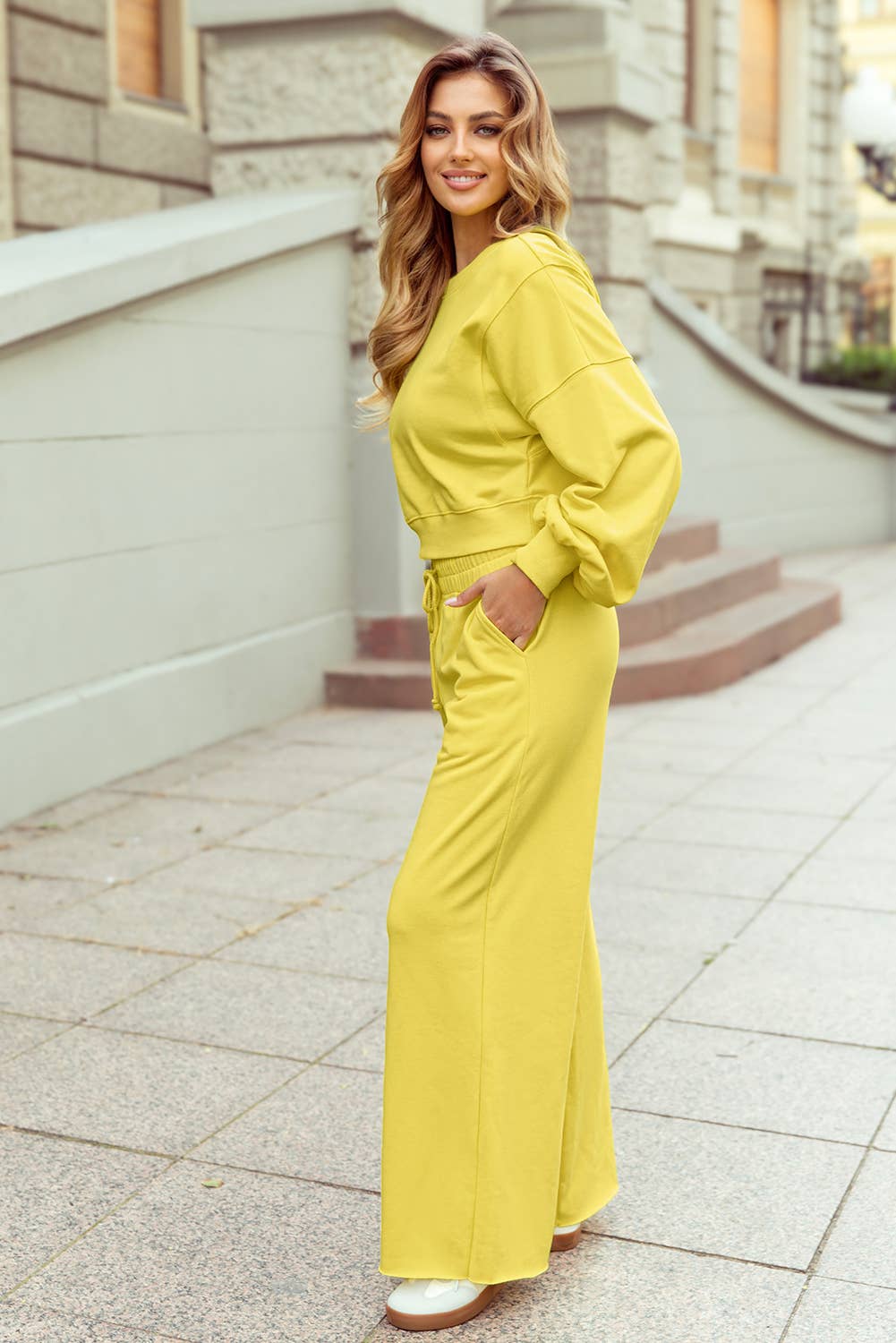 Vivian Drop Shoulder Crop Pullover Drawstring Wide Leg Pants Set