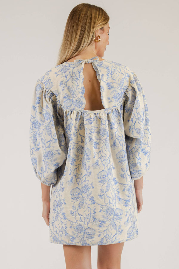 June Jacquard Puff Sleeve Round Neck Dress: Blue/Ivory
