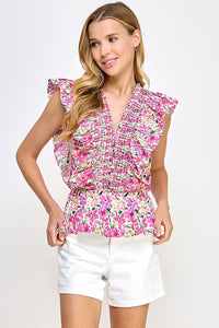 Viviana V-NECK FLOWER PRINT SMOCKING PEPLUM TOP: MAGENTA MULTI