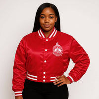 DST Greek Apparel Cropped Satin Varsity Jacket