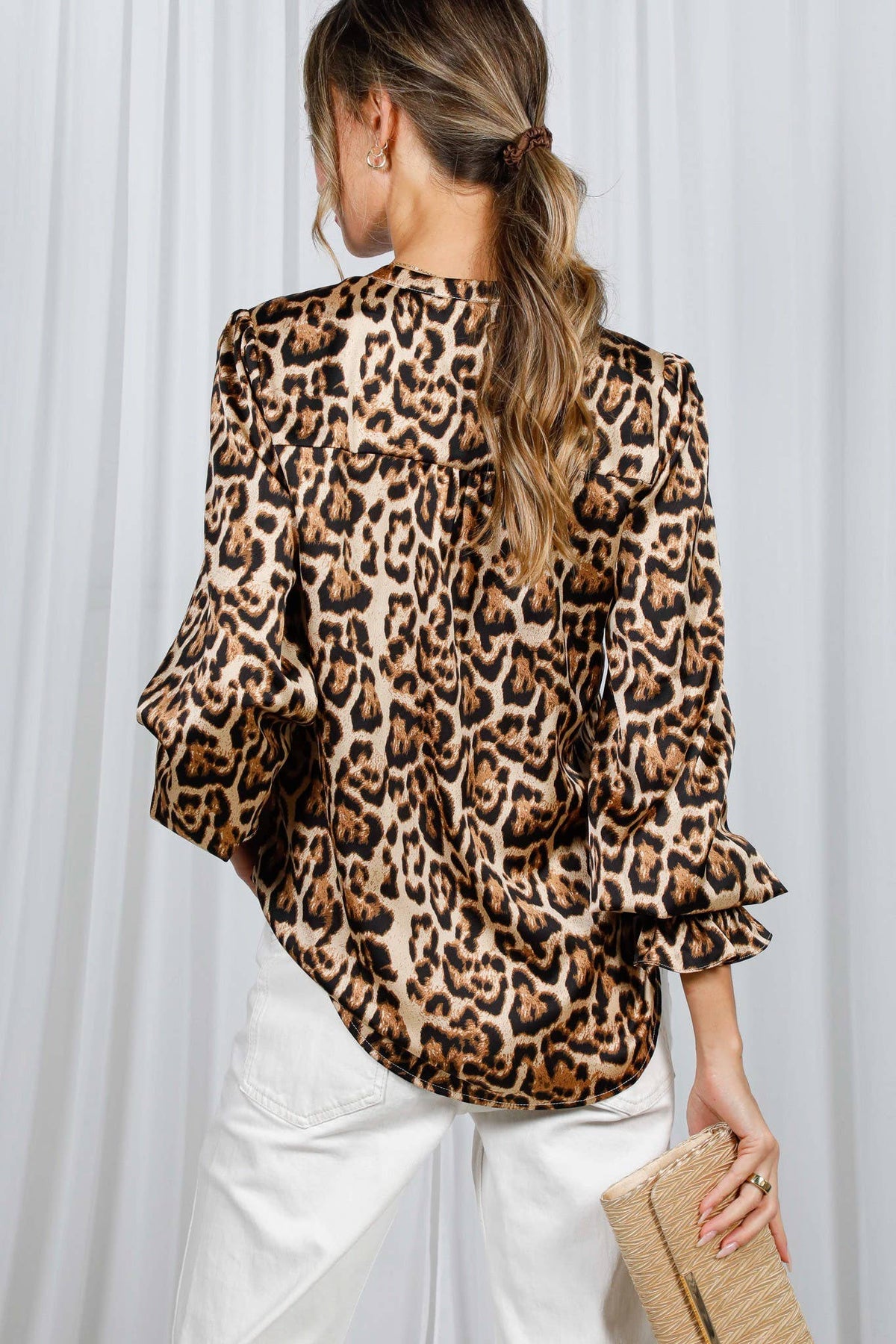 Henley Neck Elastic Smocked Leopard Print Blouse VT31377T: Brown / M