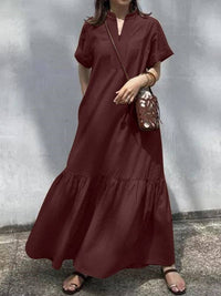 A-Line Loose Solid Color Split-Joint V-Neck Maxi Dresses: KHAKI / S