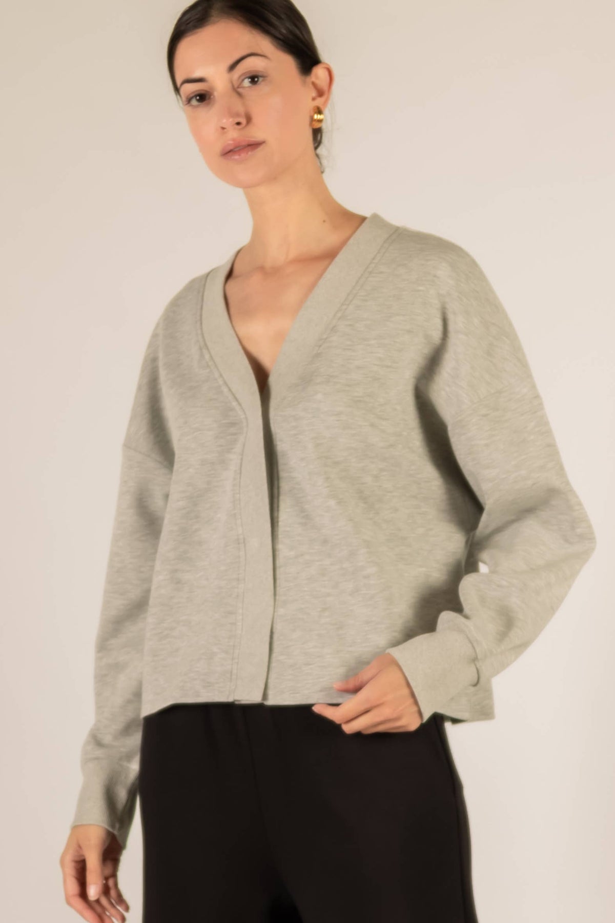 P. CILL Butter Modal Rib Contrast Oversized Cropped Cardigan: H.Grey