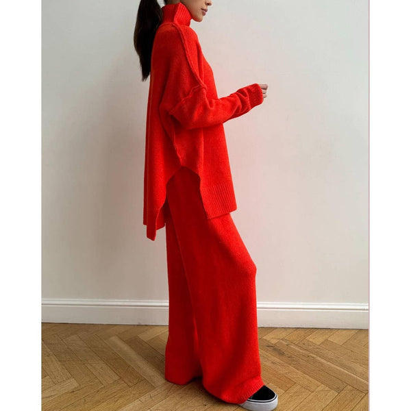 Long sleeve top and long pants sweater set: TOMATO RED / S