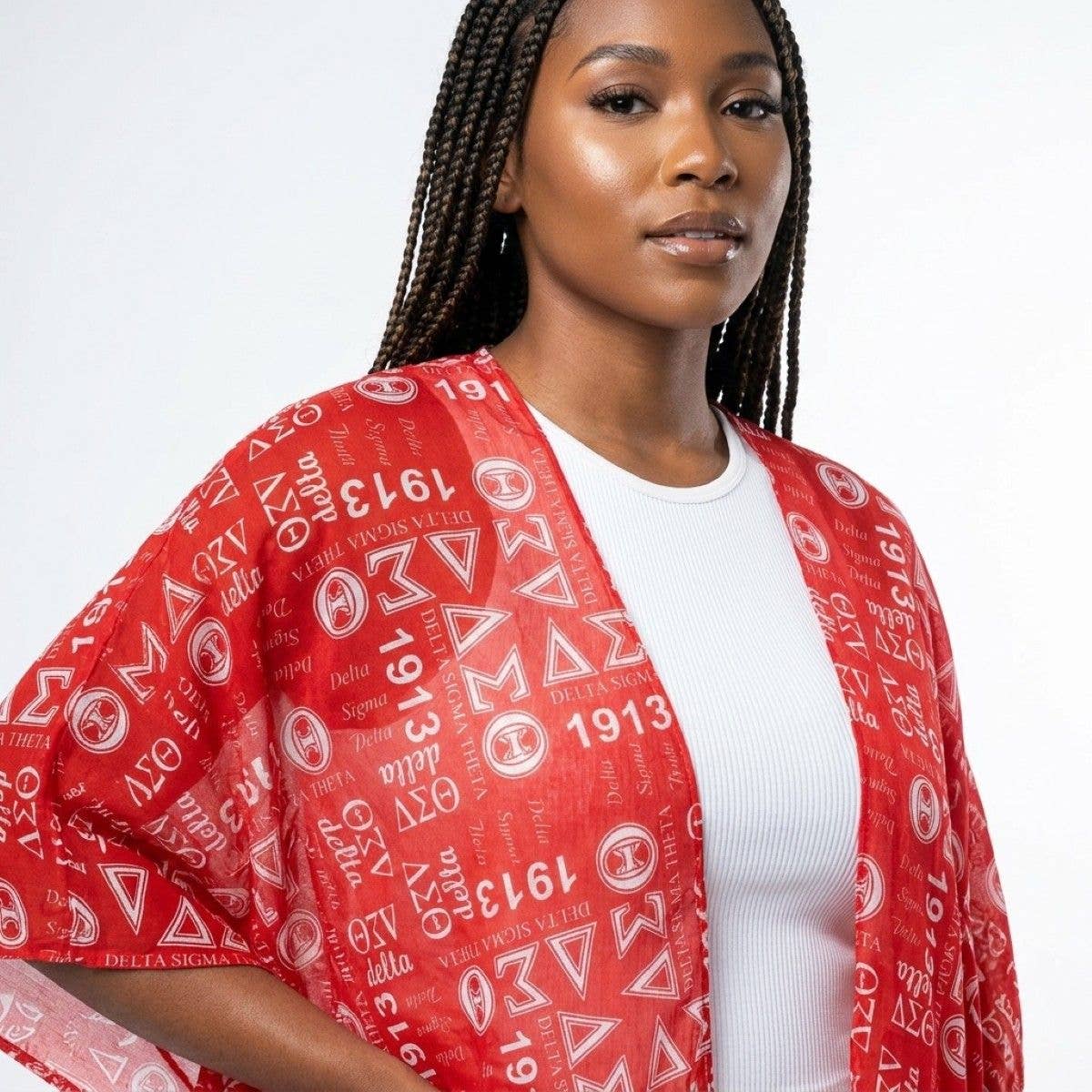DST Red and White Graphic Print Viscose Kimono: Color: Red and White / Plating: Multi Tone / Size: 34 x 34 inches