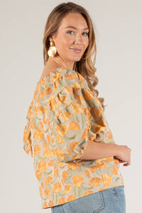 Tulip Jacquard Puff Sleeve Off Shoulder Top: Tangerine Multi