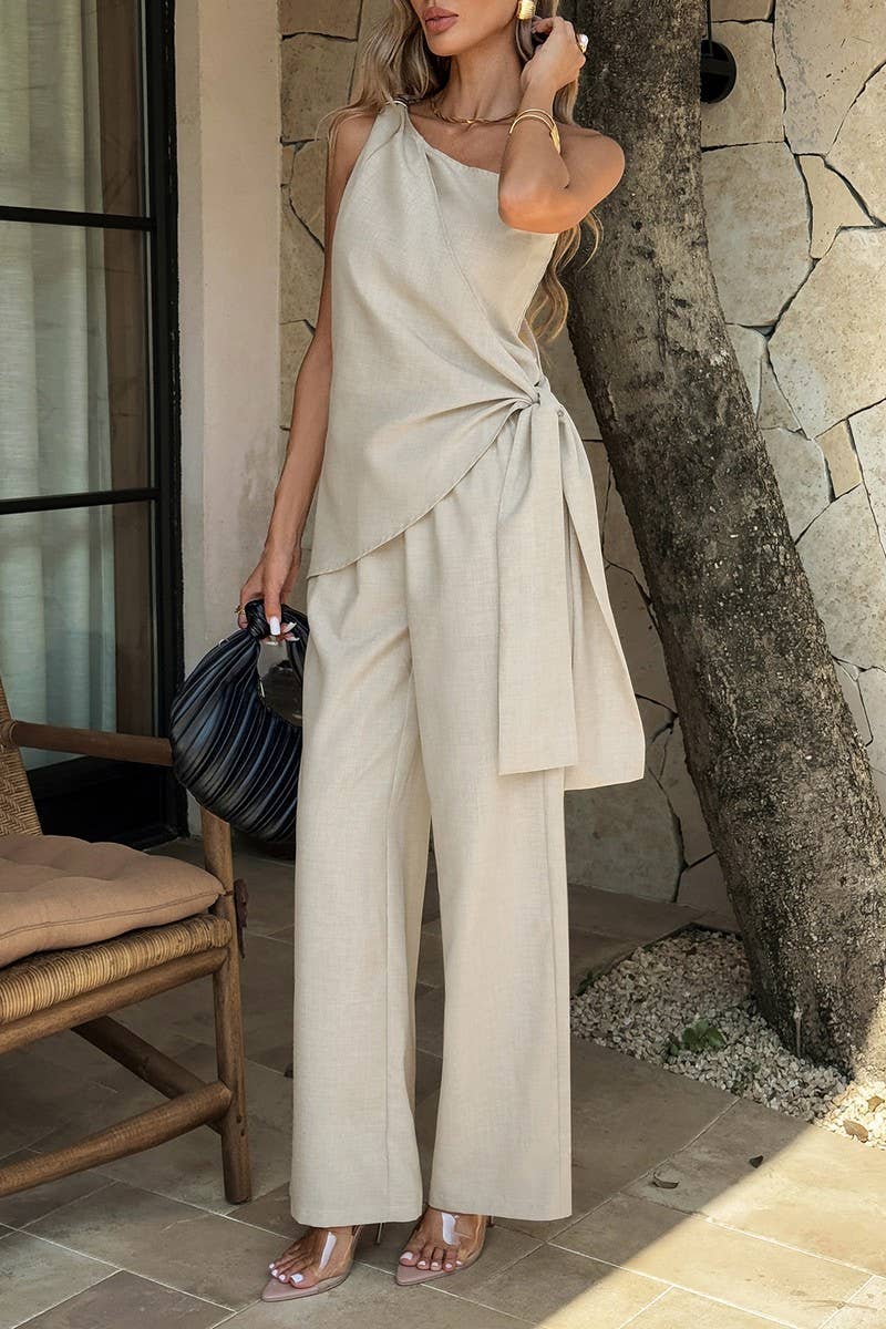 CWSTB01347_ELEGANT RESORT-STYLE BEIGE OFF-SHOULDER SUIT: KHAKI / (L) 1