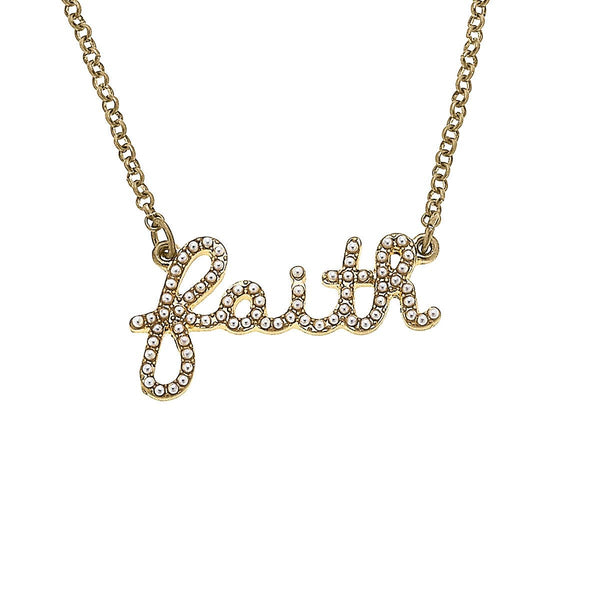 Pearl Studded Script Necklace in Worn Gold: Blessed, Loved, Mama, Faith