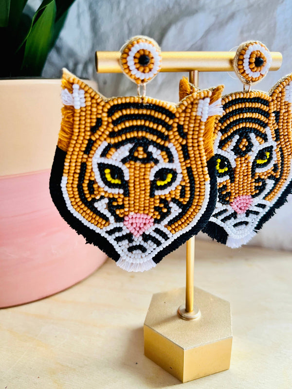 Tiger Beaded Statement Earrings Tailgate Animal Game Day